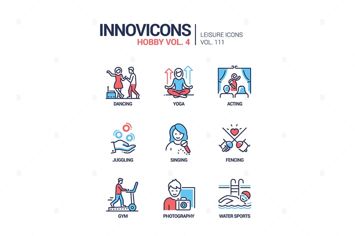 Hobby and activities - line design style icons set