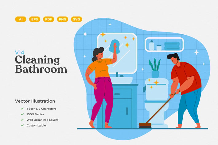 Cleaning Bathroom Flat Illustration