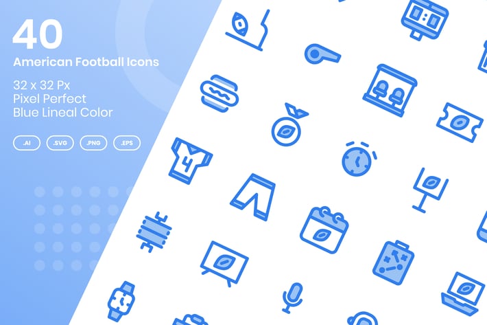 40 American Football Icons Set - Blue Lineal Color