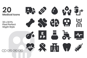 20 Medical Icons Set - Glyph