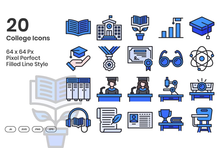 20 College Icons Set - Filled Line
