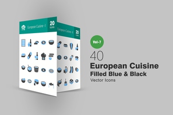 40 European Cuisine Blue & Black Icons