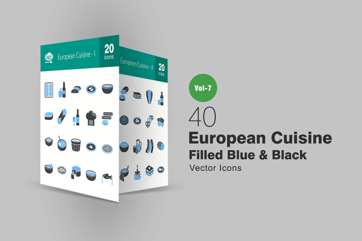 40 European Cuisine Blue & Black Icons