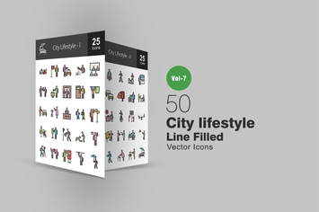 50 City Lifestyle Filled Line Icons