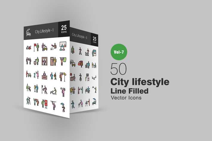 50 City Lifestyle Filled Line Icons