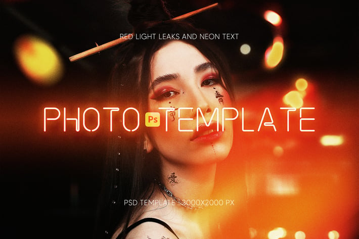 Photo Template with red light leaks and neon text