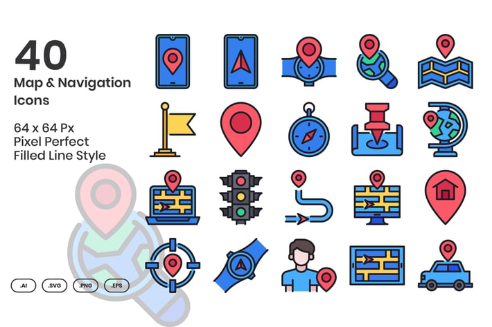 40 Map & Navigation Icons Set - Filled Line