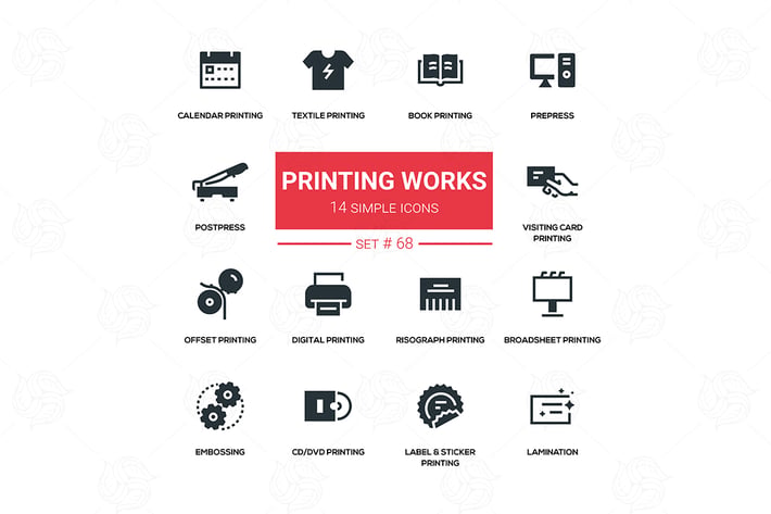 Printing works - line design silhouette icons set