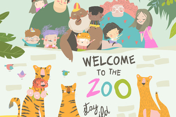Happy children with parents in zoo with tigers. 