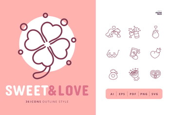 36 Sweet&Love Icons Outline Style