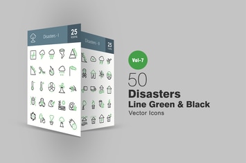 50 Disasters Green & Black Line Icons