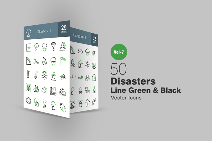 50 Disasters Green & Black Line Icons