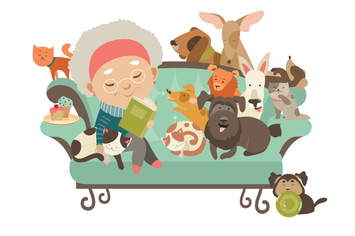 Old woman with her cats and dogs. Vector 