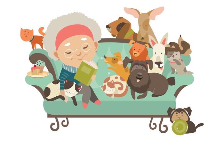 Old woman with her cats and dogs. Vector 