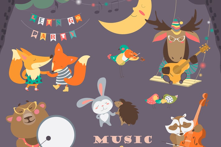 Set of vector illustrations with animals musicians