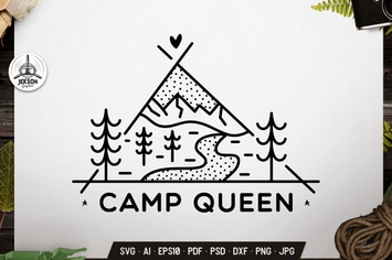 Camping Queen Line Art Badge Design. Travel Label