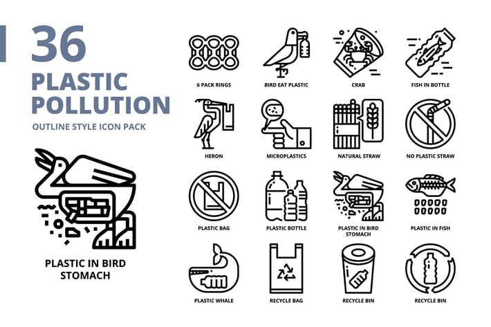 Plastic Pollution Outline Style Icon Set