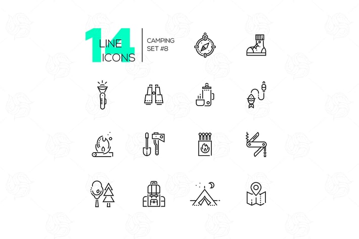 Camping and Hiking - line icons set