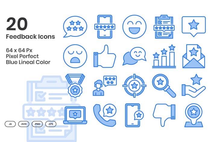 20 Feedback Icons Set - Blue Lineal Color