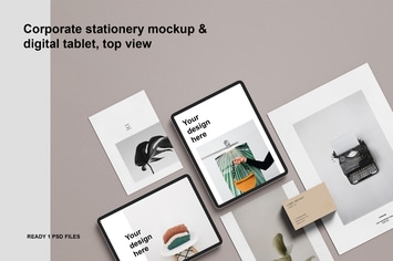Corporate stationery mockup and digital tablet, to