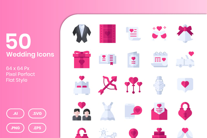 50 Wedding Icons Set - Flat