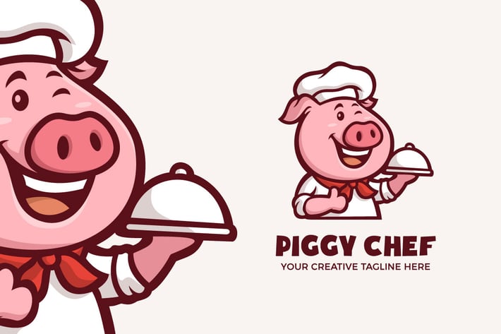 Cute Piggy Chef Restaurant Mascot Character Logo
