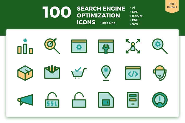 100 Search Engine Optimization Icons (Filled Line)