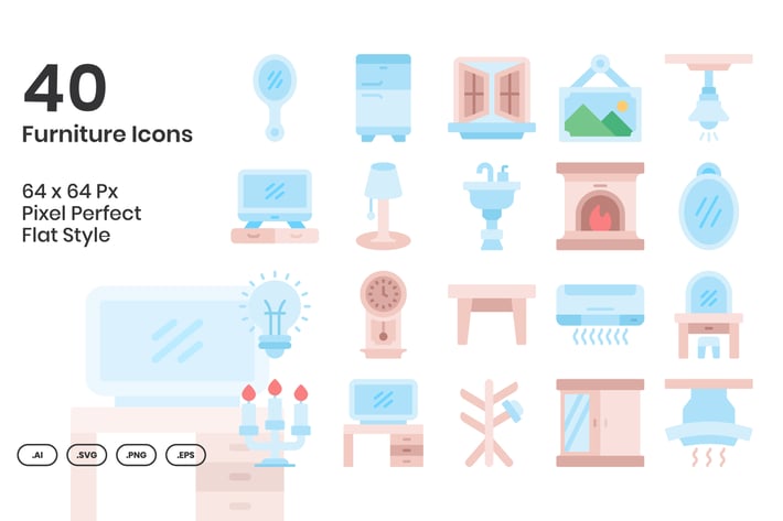 40 Furniture Icons Set - Flat