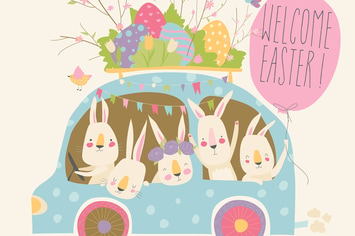 Cute cartoon bunnies driving a car with easter egg