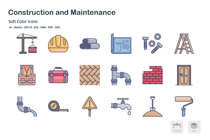 Construction and maintenance soft color icons