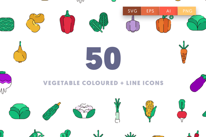 50 Vegetable Coloured & Line Icons