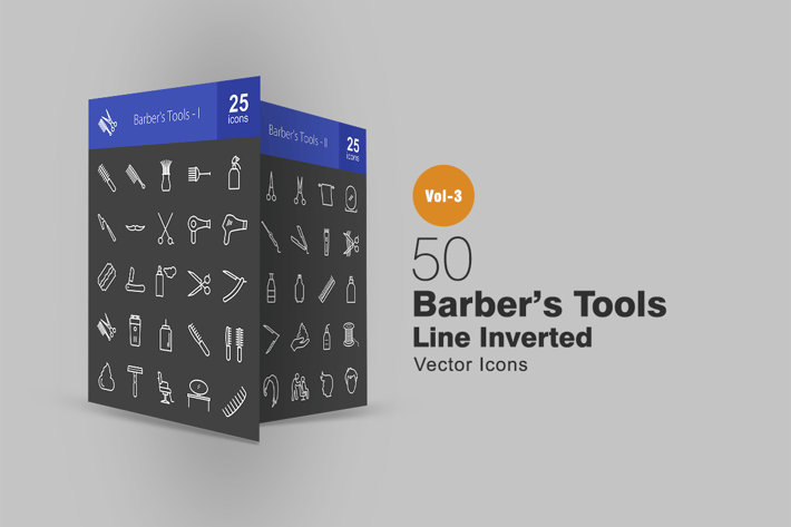 50 Barber’s Tools Line Inverted Icons