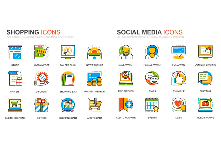 Shopping and Social Media Line Icons Set