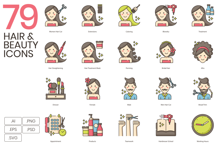 79 Hair & Beauty Line Icons