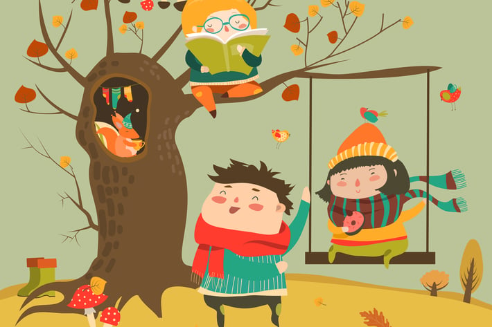 Happy kids ride on a swing in the autumn forest. 