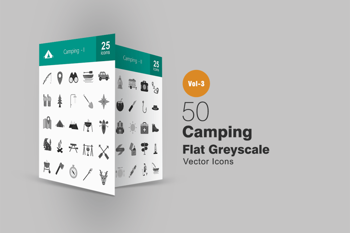 50 Camping Greyscale Icons