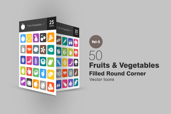 50 Fruits & Vegetables Flat Round Corner Icons