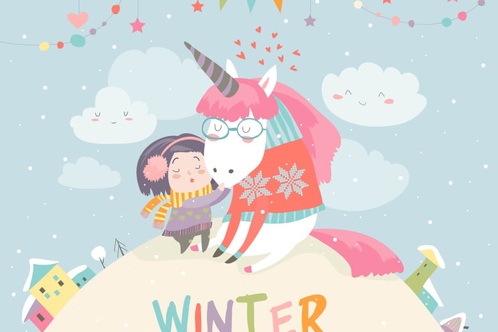 Cute girl hugging unicorn. Winter wonderland. Vect