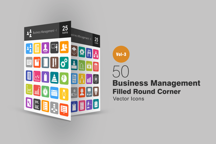50 Business Management Flat Round Corner Icons