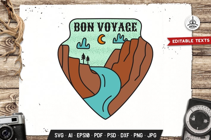 Bon Voyage Badge, Vector Adventure Retro Graphic