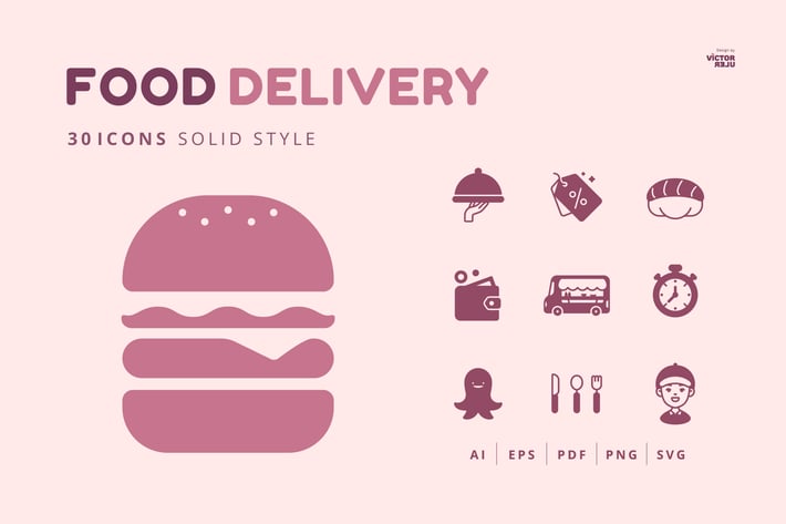 30 Icons Food Delivery Solid Style