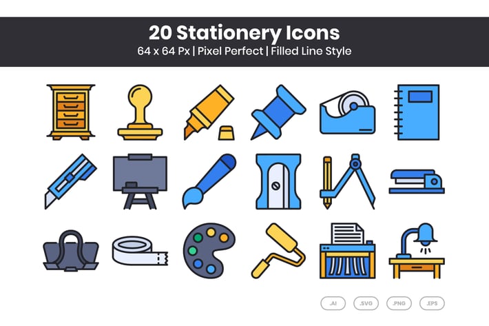 20 Stationery Icons Set - Filled Line