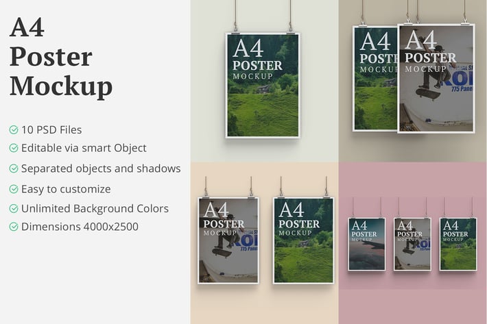 A4 Hanging Poster Mockup - 10 PSD Files