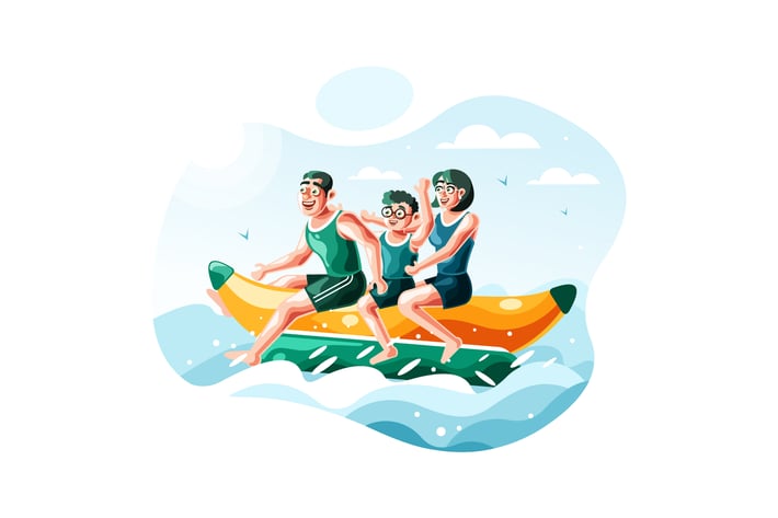 Family riding banana boat