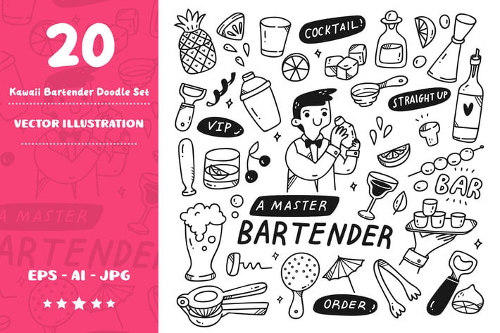Kawaii Bartender Doodle Set