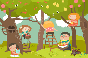 Happy children harvesting. Happy summer. Vector