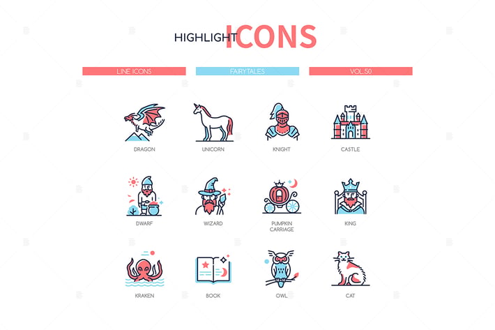 Fairytales concept - line design style icons set