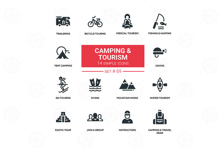 Camping and tourism - line design silhouette icons