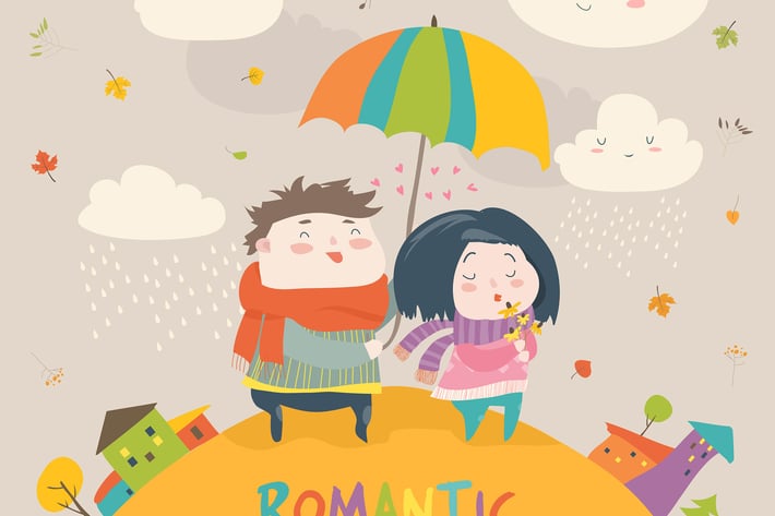 Cute couple with an umbrella in the autumn rain. 