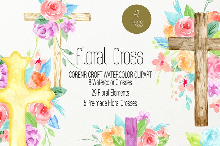Watercolor clipart floral cross